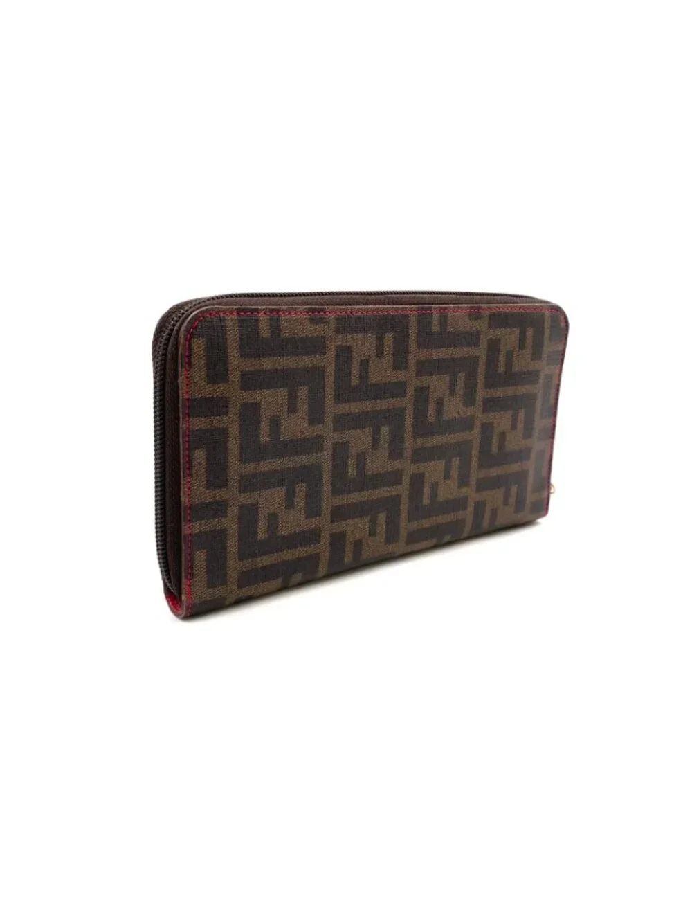 Fendi Zucca Pattern Zip Around Leather Pink Brown Wallet Gold